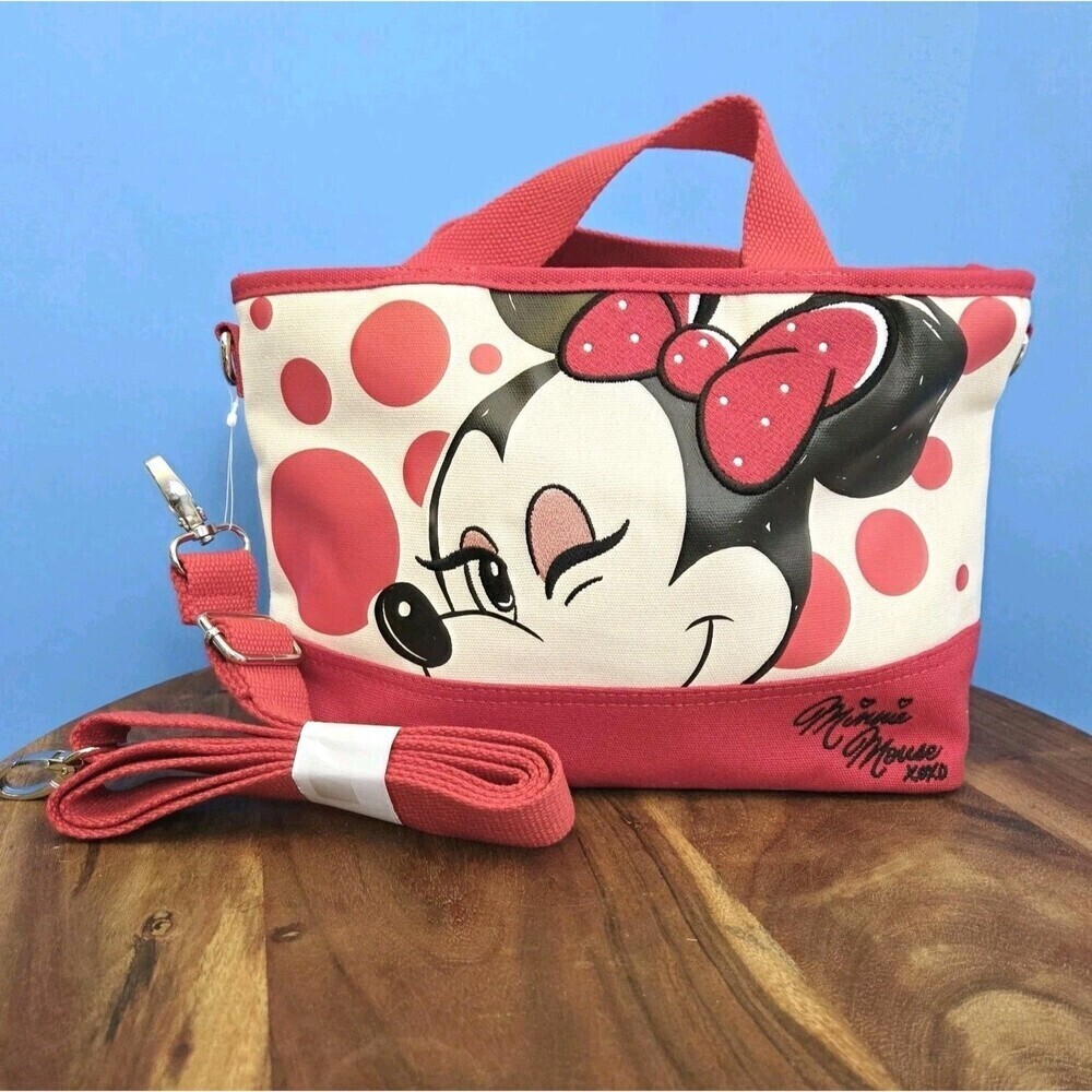 NEW Disney Parks Minnie Mouse Mini Canvas Tote Bag Red Polka Dot Zipper & Strap